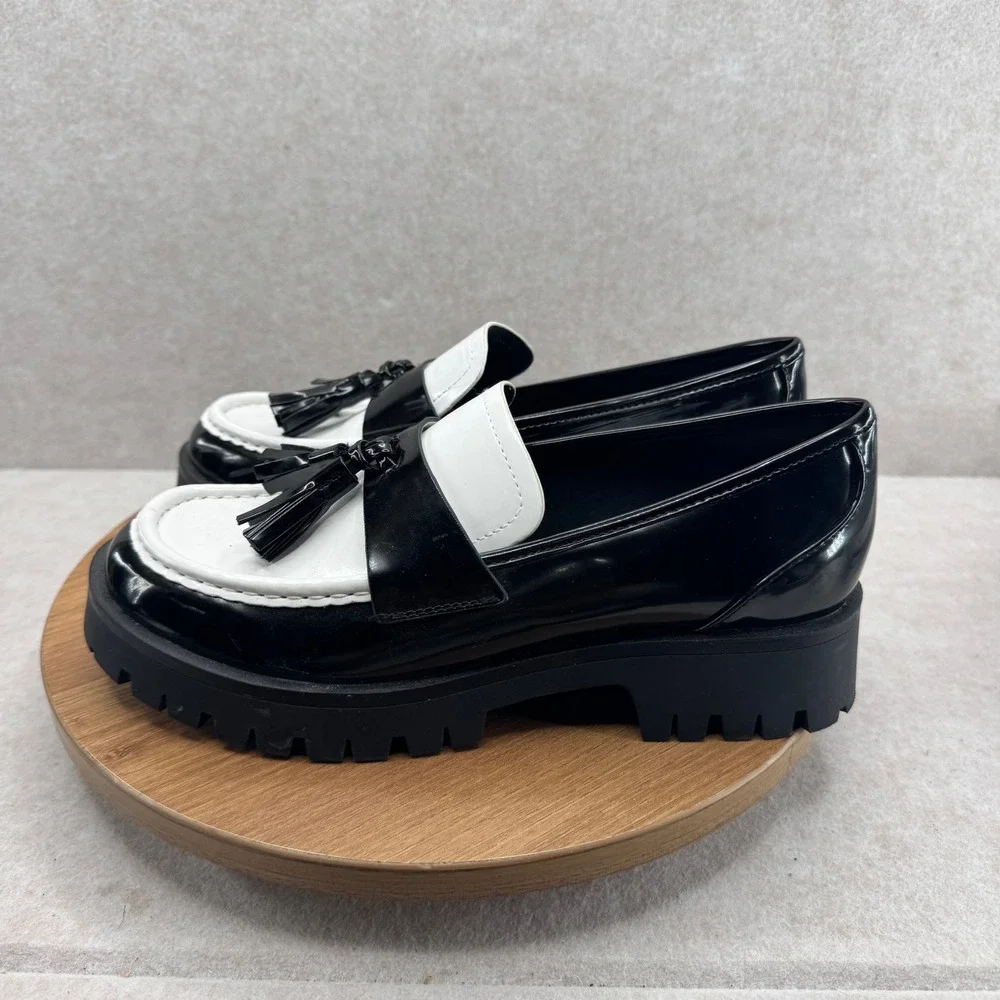 Nine West Garry Platform Loafers 7.5 Black White Tassel Lug Sole Academia Preppy - Picture 3 of 10